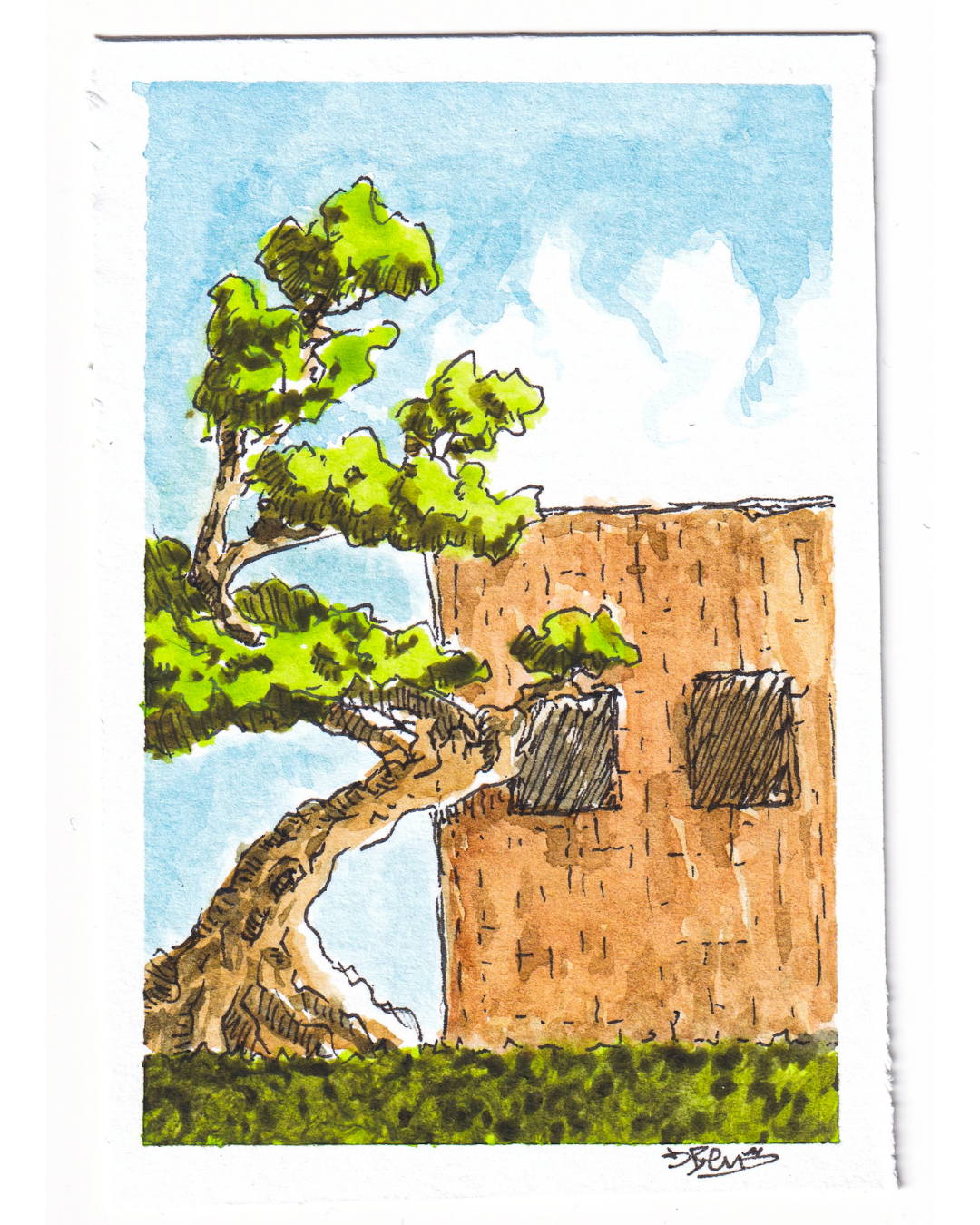 Le mur est là depuis longtemps.
Droit. Carré. Fermé.
L'arbre, lui, a choisi de se pencher vers lui.
Pas pour entrer.
Juste pour être proche.
Il y a quelque chose d'étrange dans cette image.
Deux présences qui ne se parlent pas vraiment.
Mais qui coexistent.
Qui se frôlent.
Le vivant et le construit.
Le courbe et le droit.
Ce qui pousse et ce qui reste.
Je ne sais pas lequel des deux me ressemble le plus.
Peut-être les deux.
Selon les jours.
Format approximatif : 6,4 × 8,9 cm
Signé SBENart.ﺱ
Expédition inclu