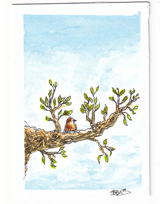 Perché
ACEO original, encre et aquarelle
Il ne cherche pas à s'envoler.
Pas encore.
Il est là, posé sur sa branche.
Entouré de feuilles qui recommencent.
D'un ciel qui n'en finit pas.
Il regarde.
Simplement.
Ce moment avant le départ.
Celui où l'on sait qu'on pourrait partir.
Mais où l'on choisit de rester encore un peu.
Juste pour sentir que c'est bien là.
Que c'est bien maintenant.
Format approximatif : 6,4 × 8,9 cm
Signé SBENart
Expédition incluse.